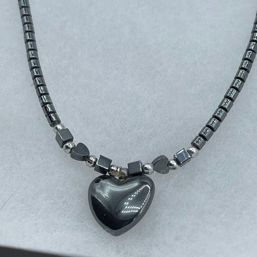 Vintage hematite beaded heart pendant necklace.